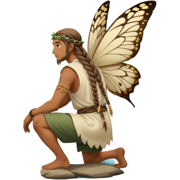 full body druid man, tan skin, long braid, from behind kneeling at lake edge, moths behind shoulders emoji