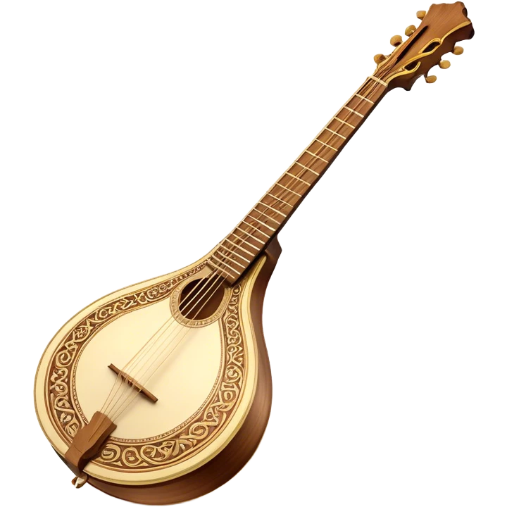 Bouzouki – Cinematic Realistic Bouzouki, depicted as a beautifully crafted Greek string instrument with a long neck and ornate fretwork, its polished wooden body reflecting warm golden light, set on a rustic background with soft shadows that evoke traditional Mediterranean music. emoji