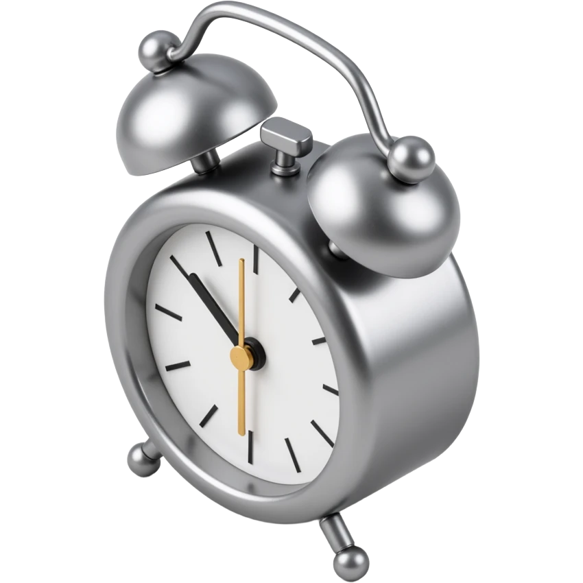 metallic, 3D alarm clock icon in skeuomorphism style, with shiny chrome details and a glass face emoji
