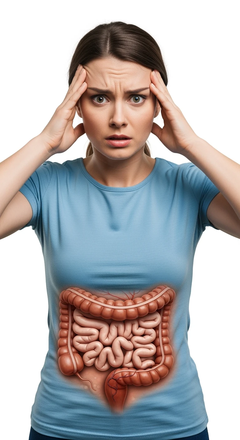 DONNA ANSIOSA CON INTESTINO UMANO ANATOMICO REALISTICO VISIBILE, SI TIENE LE MANI SULLE TEMPIE, iperrealistico 4k, SFONDO BIANCO emoji