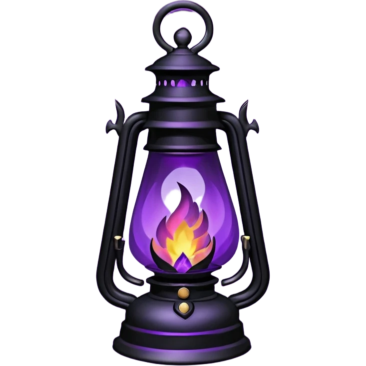 A Discord emoji of a dark violet flame burning inside a black iron lantern. The lantern has sharp, gothic edges and a small 'streak' of light emerging from it. Dark fantasy aesthetic, bold outlines, vibrant purple fire, white background, high detail but simple enough to be visible at 32x32 pixels. emoji