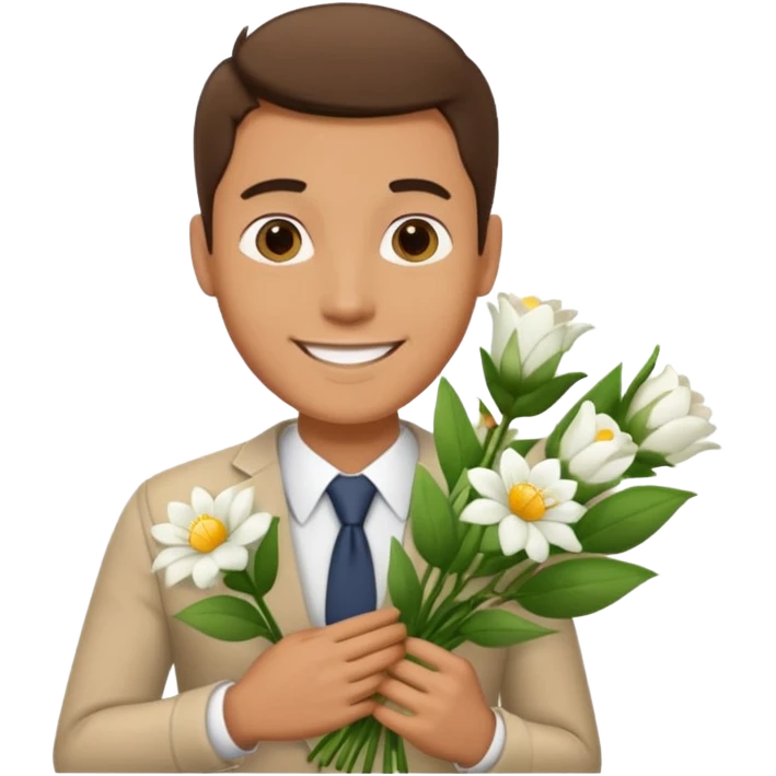 Homme avec bouquet fleurs blanches emoji