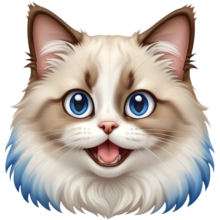 cinematic-adorable-big-eyed-fluffy-brown and white ragdoll-cat-portrait-emoji,-head-tilted-playfully-with-a-cute,-yawn,-soft-brown-and white-colored-fur-with-darker-points-on-the-ears,-simplified-yet-irresistibly-cute-features, sparkling blue eyes emoji