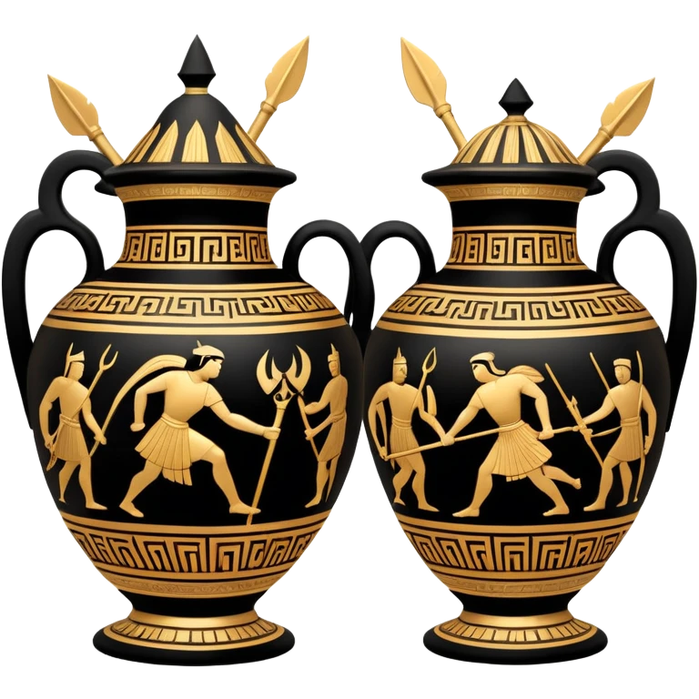 Cinematic-realistic Grecian urn, an exquisite black-figure pottery masterpiece resting in the dim glow of an ancient temple. Intricate golden depictions of two warrior fighting with spears and warriors encircle its curved form, telling timeless myths of heroism and tragedy.  emoji