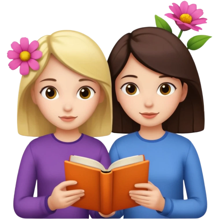  2 girls reading book + flower emoji