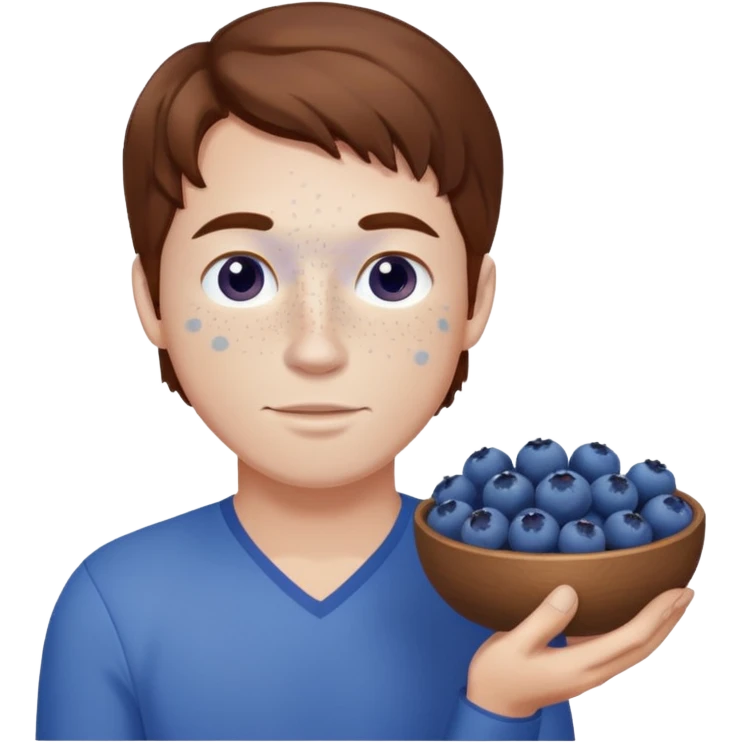 Man with brown hair and white skin with freckles, holding blueberries emoji