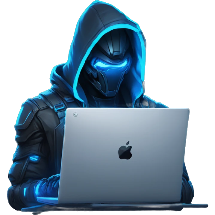 developer behind his laptop with this style : crysis Cyberpunk Riot Games Valorant neon glowing bright blue character blue black hooded assassin themed character emoji