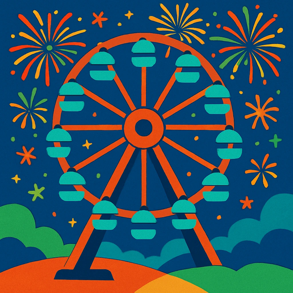 ferris wheel and fireworks, celebratory, bright colors emoji