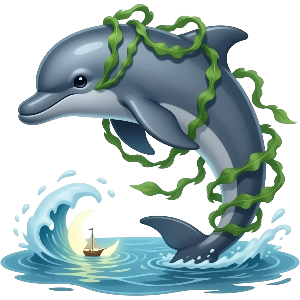 Kelphin A graceful dolphin creature covered in ribbon-like seaweed fins. It guides lost sailors and glows softly beneath moonlit water. emoji