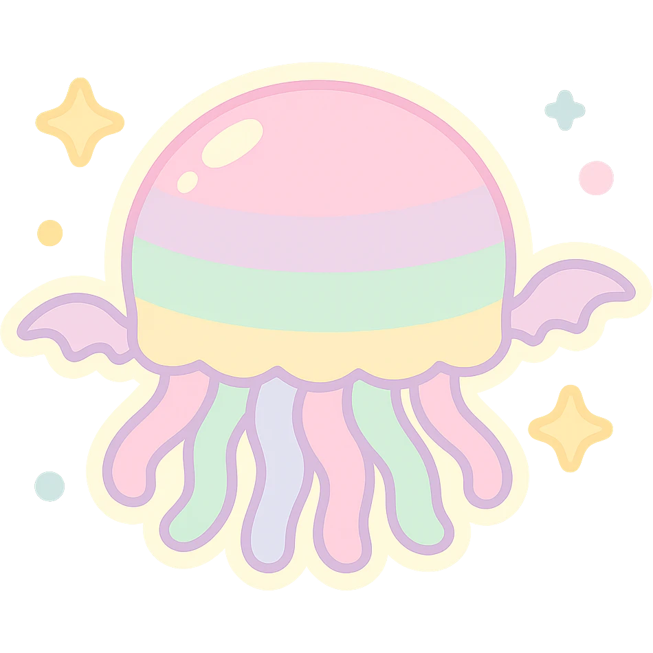 Remove background, keep kawaii style jellyfish with no face, pastel dreamy colors, tiny bat wings, gentle glow, transparent background emoji