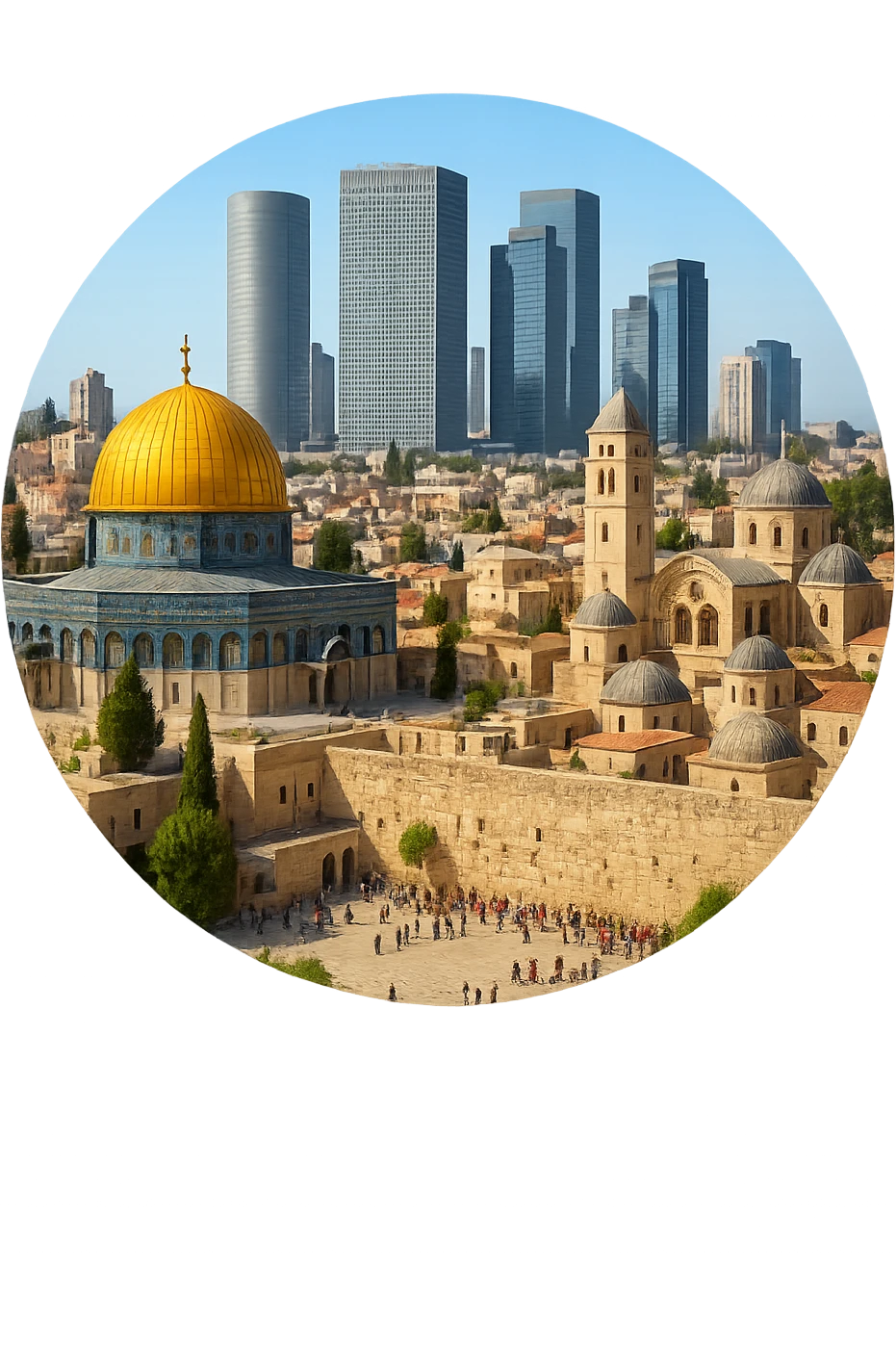 cinematic realistic emoji combining Jerusalem and Tel Aviv, wide city view with iconic landmarks Dome of the Rock, Western Wall, Church of the Holy Sepulchre, Tel Aviv skyline with Azrieli Center, lifelike detail, accurate colors, bright daytime lighting, fully transparent background, no sky, no clouds emoji