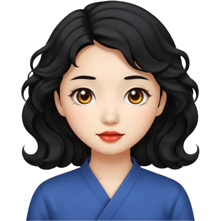 Chinese girl with flowing black wavy hair, black eyes, beautiful face, emoji style emoji