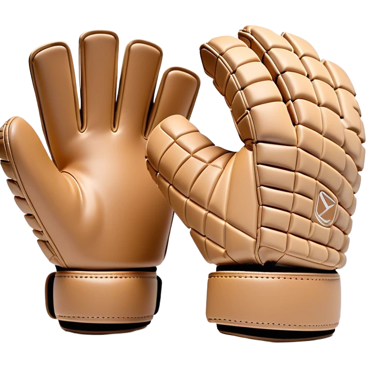 Cinematic Realistic image of goalie gloves showcasing detailed fabric textures and intricate grip patterns, rendered against a blurred goal backdrop with focused, high-contrast lighting that accentuates their essential design emoji