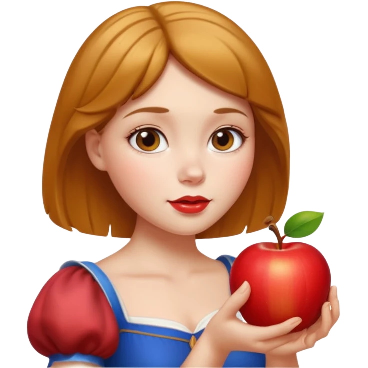 Create an emoji of Snow White holding a red apple, with short golden-brown hair. emoji