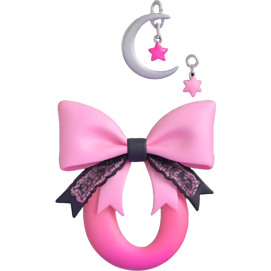 3D emoji style pink bow with gothic effect, ombre pink to black, silver crescent moon charm, and lace details emoji