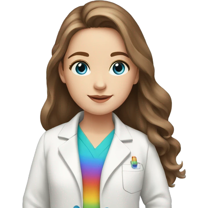 White young girl with long brown hair and blue eyes wearing a rainbow pharmacist coat emoji