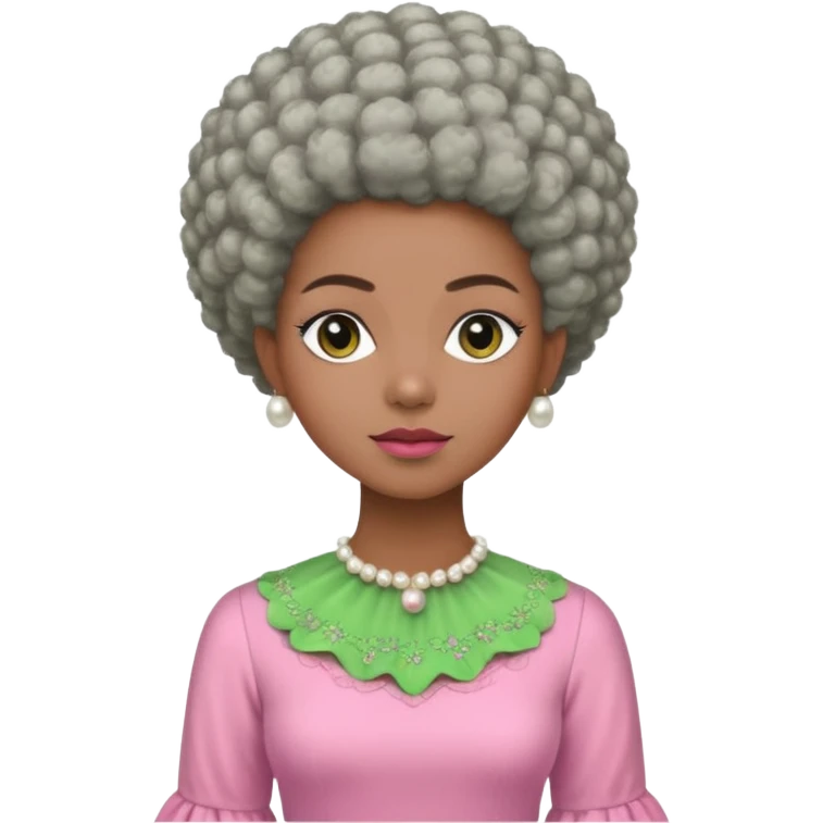 Pretty Brown woman with a very very short stylish gray Afro  wearing pink and green dress  and pearl blouse with sleeves emoji