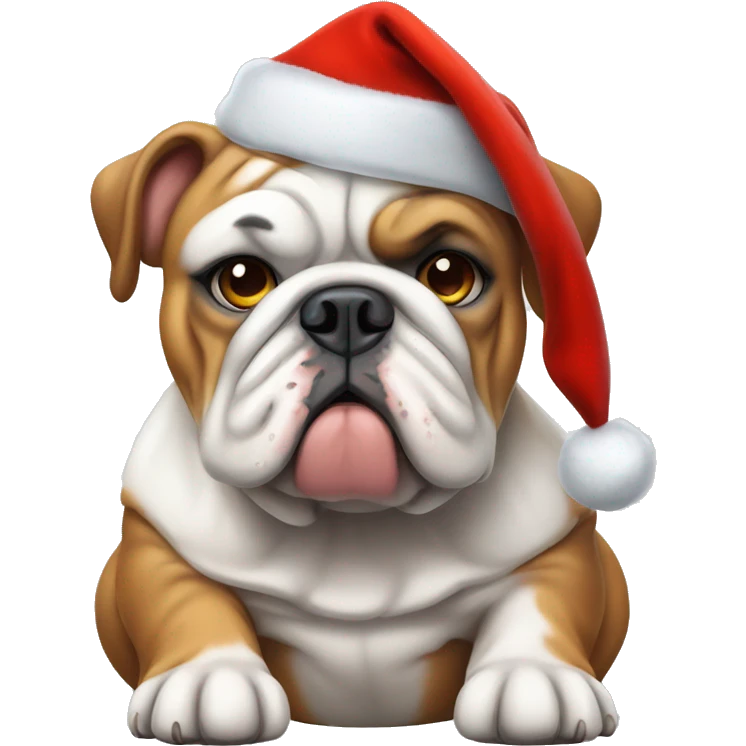 english bulldog with white pouty face wearing a christmas hat emoji