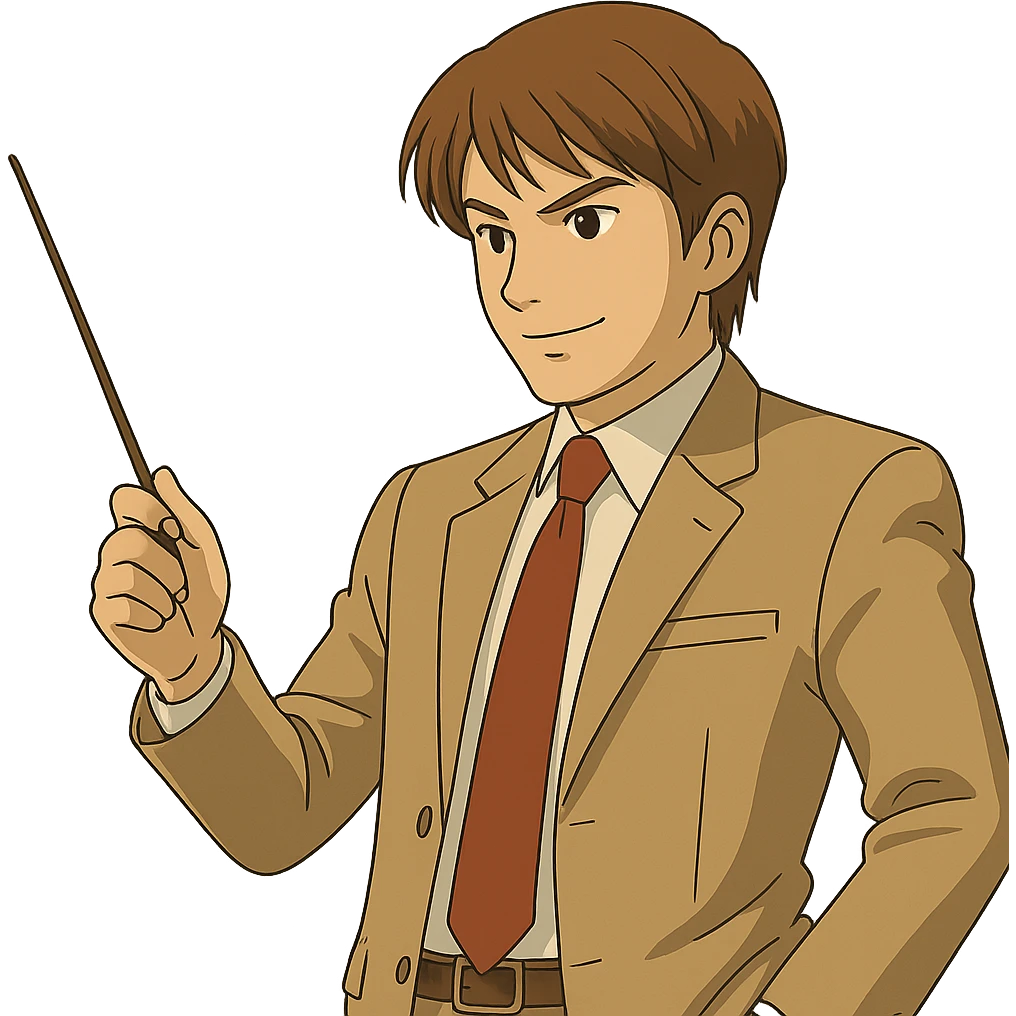 Change the angle of the teacher's stick so Light Yagami is pointing downward, confident expression, Ghibli style, transparent background. emoji