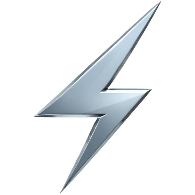 A lightning bolt emoji made of polished silver chrome, sharp yet rounded edges, glossy metallic surface, soft reflections, minimal futuristic design, iOS emoji style, centered, clean white background emoji