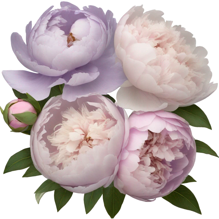 A vintage-inspired bouquet of pale violet and blush peonies resting on a lace-covered violet book. emoji