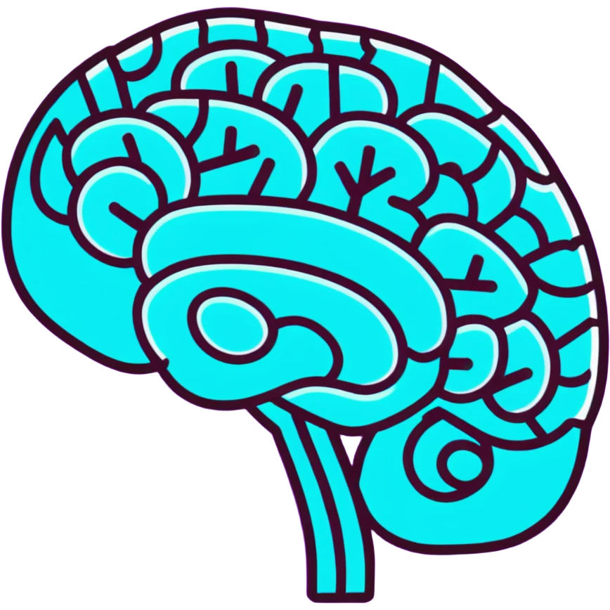brain with neon glow effect, blue neon glow on top left, purple neon glow on bottom right emoji