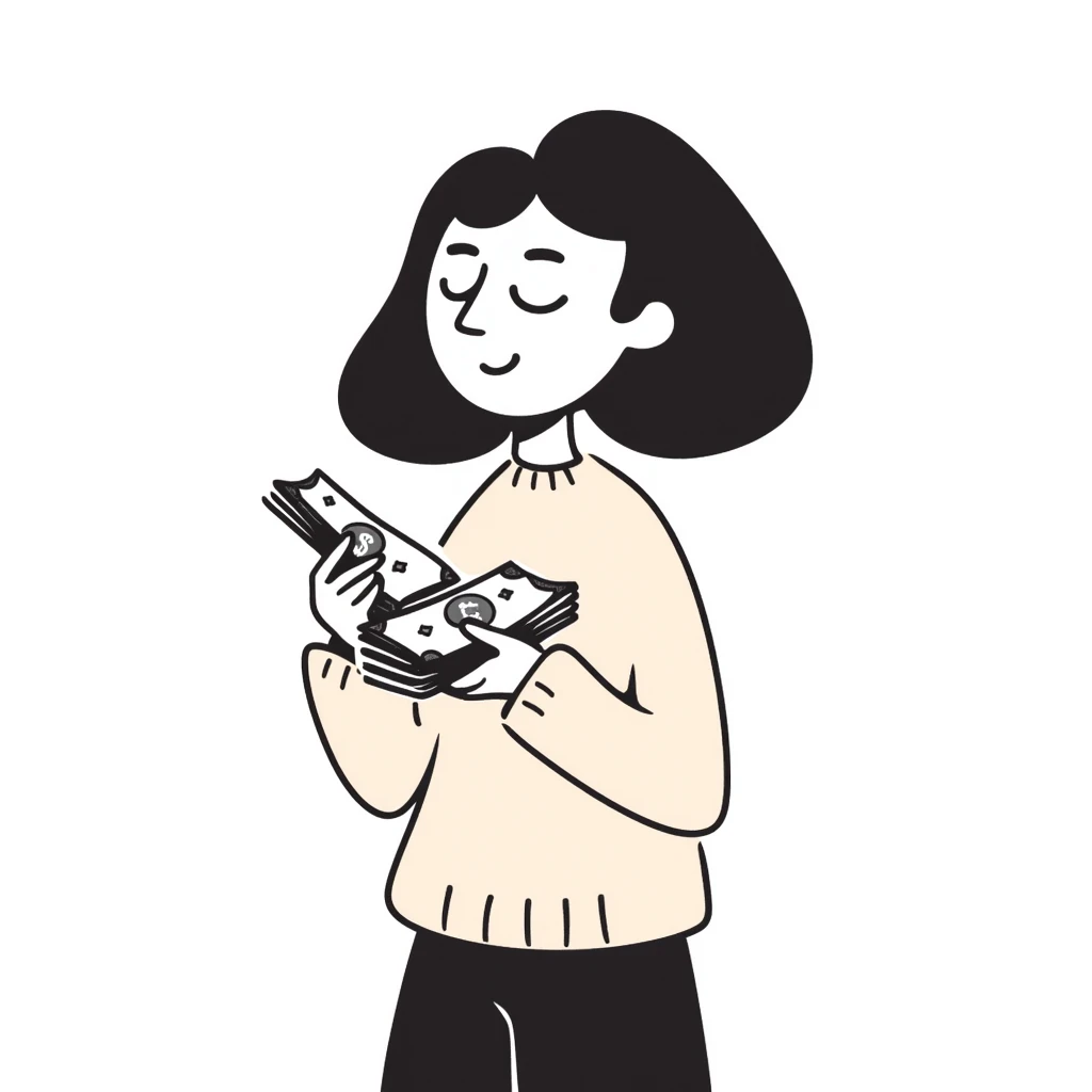 brunette girl in beige sweater happy with money in hands emoji