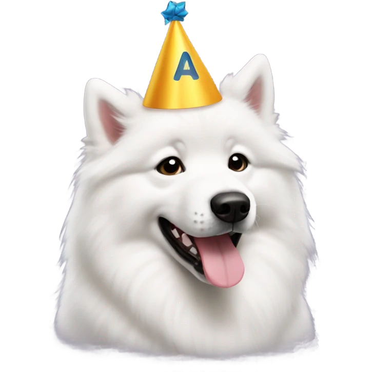 A Samoyed with a fourth birthday hat emoji