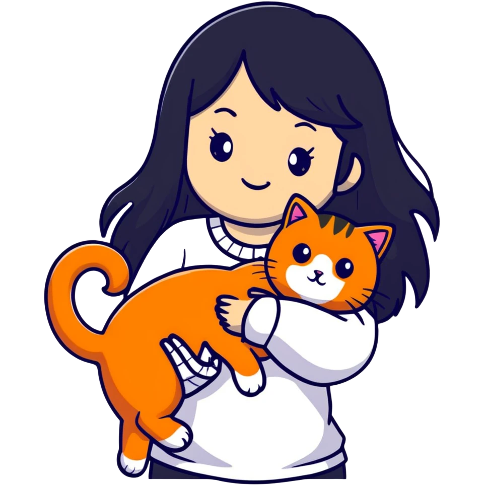 girl with long black hair holding an orange cat emoji