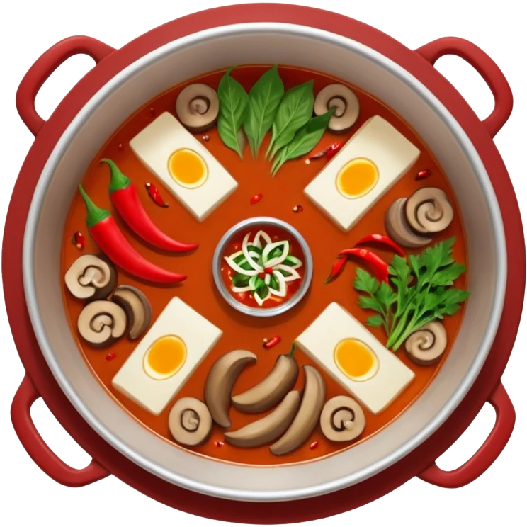 A hot pot emoji in top-down view. The pot is divided into two sections: one with spicy red broth filled with chili peppers, and one with mild white broth. Surround the pot with rolled slices of meat, vegetables, and mushrooms. emoji