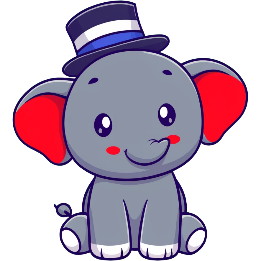 cute red elephant, big eyes, friendly smile, round and simple, wearing a stars-and-stripes top hat, cartoon sticker style emoji