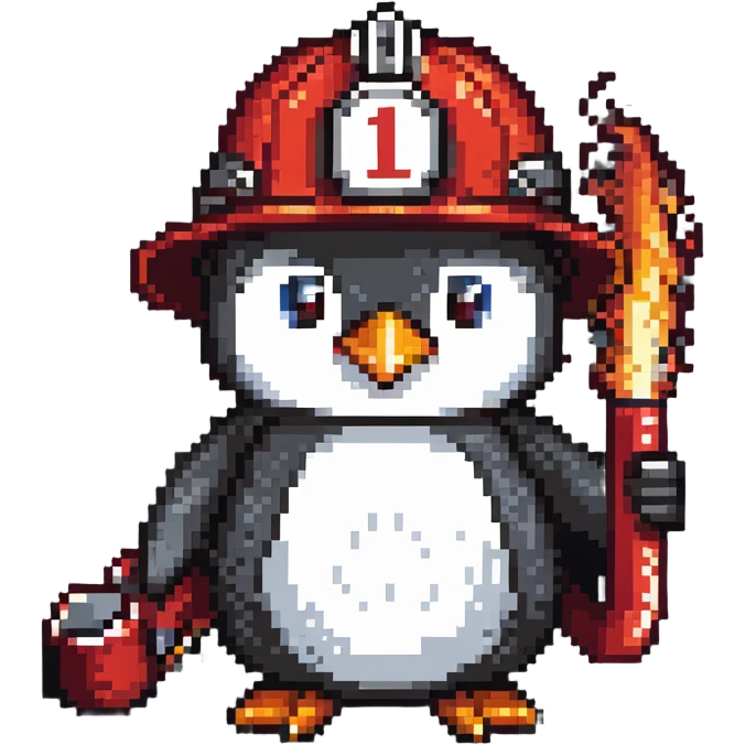 penguin firefighter with helmet and fire hose emoji