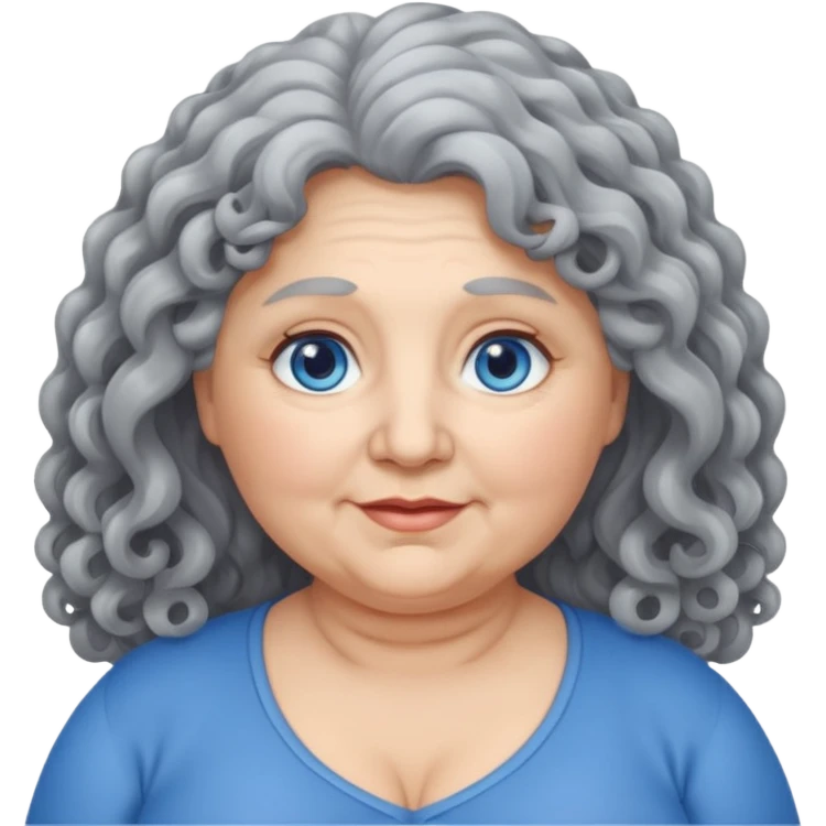 chubby 60 years olde woman with grey long curly hair and bleu eyes emoji