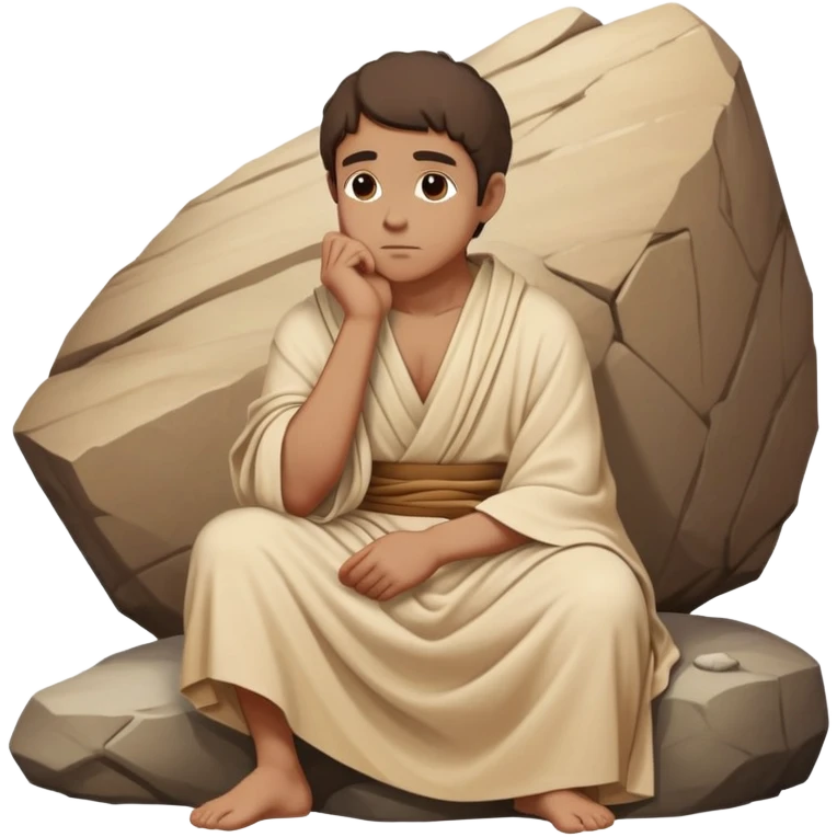 philosopher sitting on a rock in deep contemplation, chin resting on hand, wearing traditional ancient Greek robe, beige and brown tones only emoji