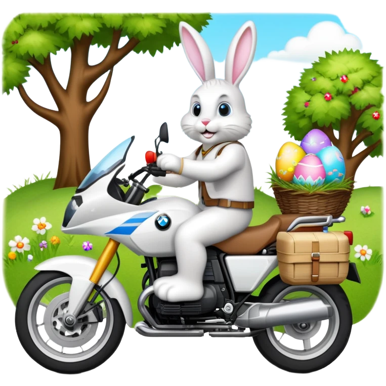 Easter bunny riding a BMW boxer motorcycle with trees and grass in the background and colorful Easter eggs hidden in the grass emoji