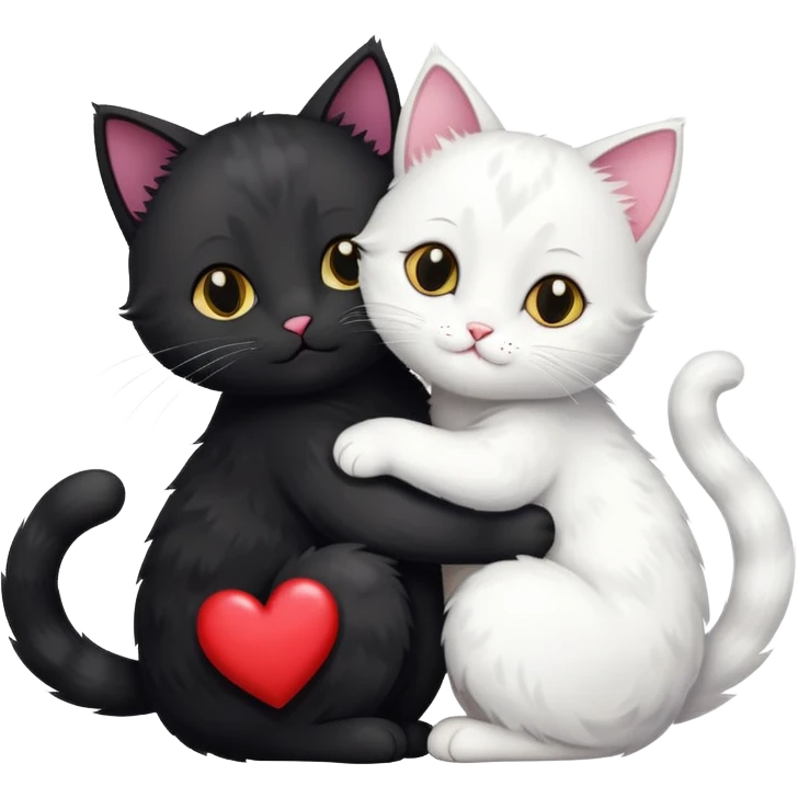 Big black cat is hugging a small white cat with hearts above emoji
