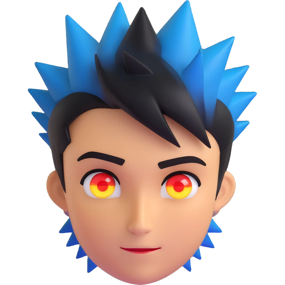 round emoji face left side black shadow, right side glowing golden, left eye red glowing, right eye blue calm, smirk tilted to the side confident, short spiky hair half black half golden, no background, silent power and confidence emoji