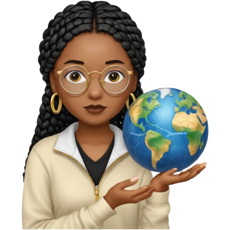 a young woman wearing fine gold round glasses and black hair in several box braids, no earrings, she has light black skin, and she's wearing a white shirt with a black quarterzip sweater. She's holding a globe in one hand emoji