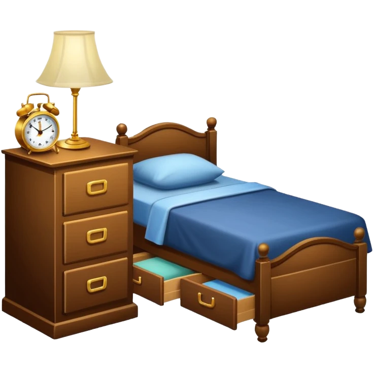 A Cupboard-commode-drawer-night-bed-stand furniture with a night lamp on, a photo on, and a digital alarm clock on emoji