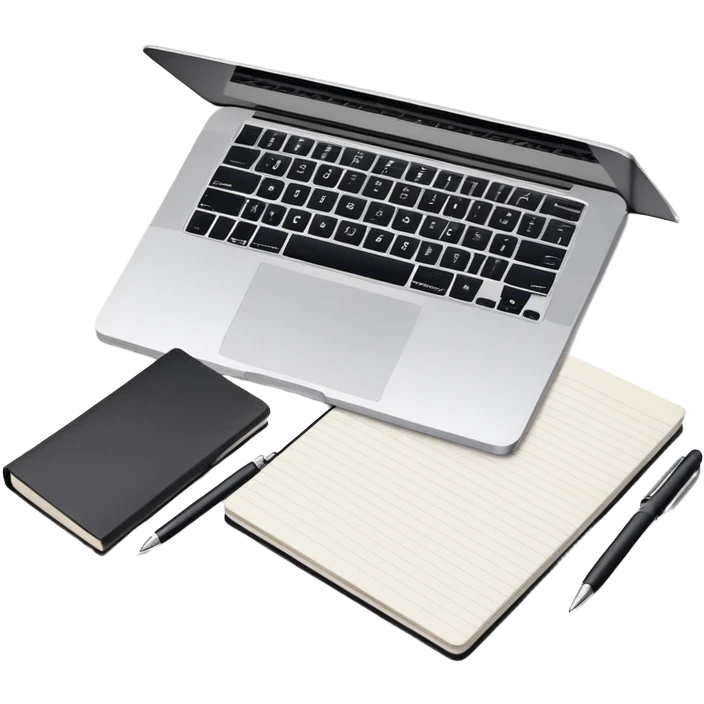 top view of a MacBook and a notebook with a pen nearby emoji