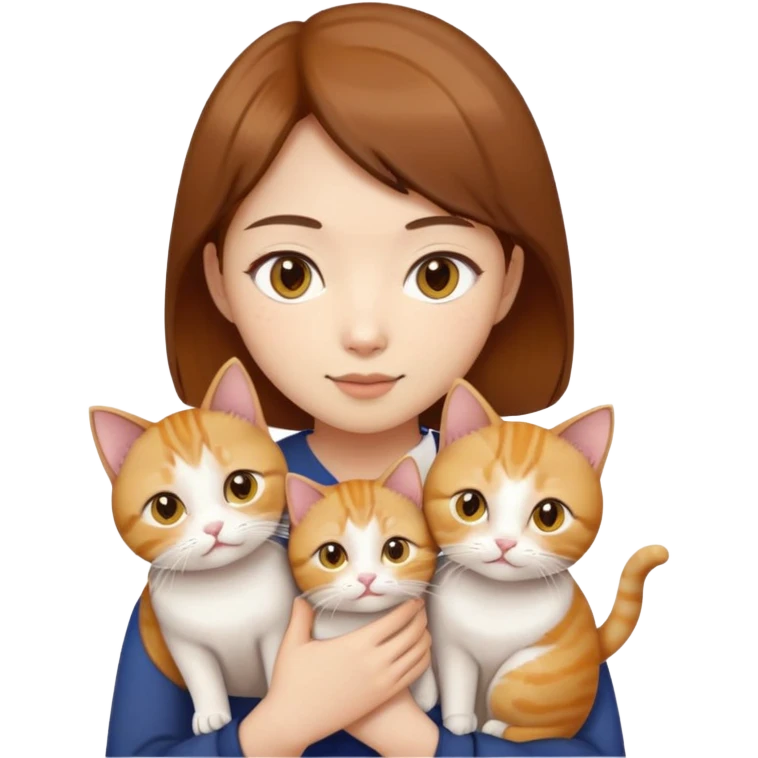 Asian girl, brown hair, brown eyes skin tone fair holding three cats one ginger, one yellow white one British short hair and cream colour emoji