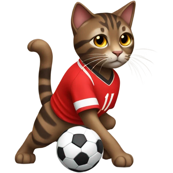 dark brown tabby cat playing soccer in a red soccer jersey emoji