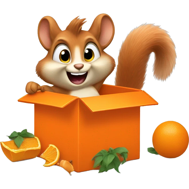 The squirrel is excited, tearing into a large orange box with items spilling out. emoji