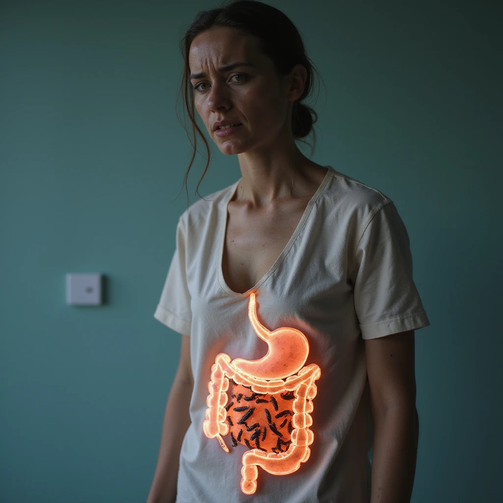 hyperrealistic 4K image of a woman with intestinal parasitosis, very pale face, sunken eyes, abdominal pain expression, clinical environment, translucent anatomical section of the abdomen showing numerous parasites in the intestine emoji