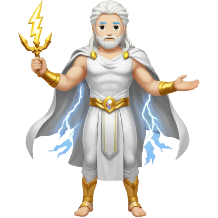 Zeus, whole body, white clothes, long white  hair, lightnings emoji