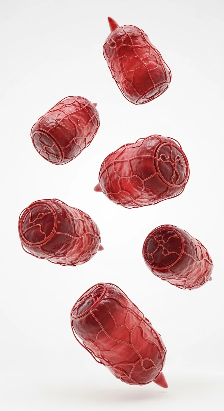 6 BATTERI DELL'INTESTINO ROSSI/BORDEAUX FLUTTUANO IN ARIA, IPERREALISTICO 4K, ISOLATI SU SFONDO BIANCO emoji