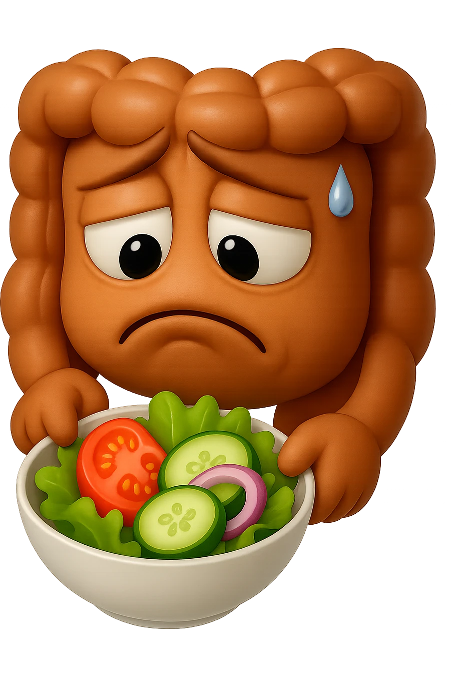 EMOJI STILE IPHONE DI UN INTESTINO UMANO ANATOMICO CHE GUARDA UN INSALATA CON ESPRESSIONE TRISTE E RASSEGNATA IN VOLTO: SOFFRE LA FAME PERCHé è A DIETA, FAGLI ANCHE LA PARTE BIANCA DEGLI OCCHI, NON SOLO LE PUPILLE, IPERREALISTICO 4K emoji