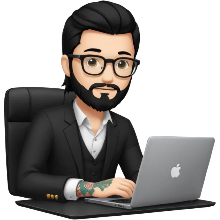 a young man with long black hair, with formal cloth, beard, wearing glasses sitting with a laptop, tattoo inyout arms emoji