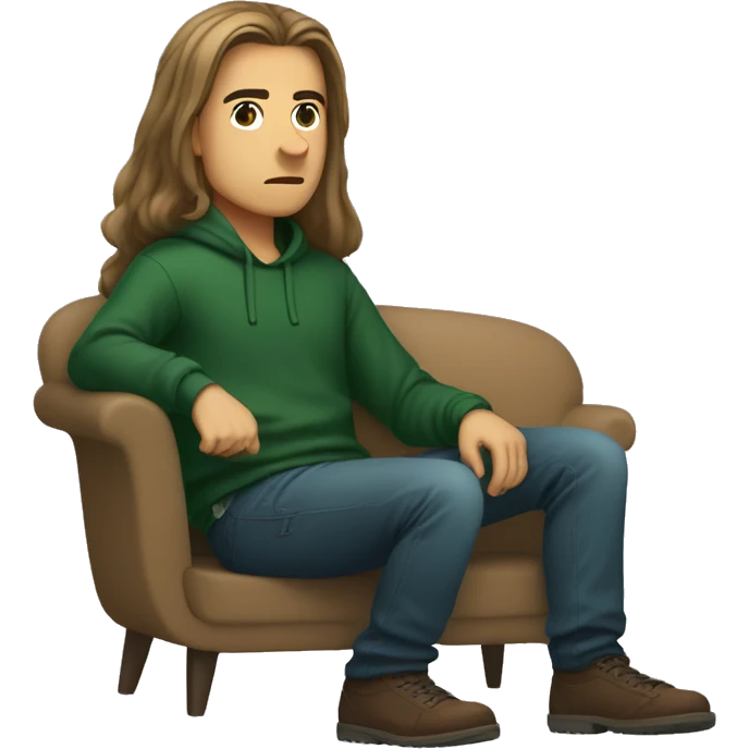 a web developer with long hair and a dark green sweatshirt sitting in a pose where the hand is on the knee forward and the second leg is under the booty , light-colored sofa , brown hair emoji