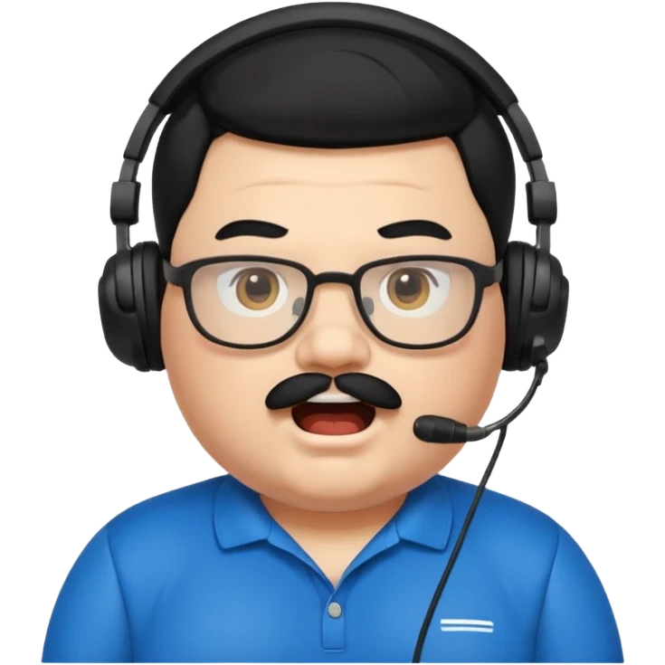 "A cartoon-style emote of a chubby streamer with black hair, mustache, and glasses, wearing a headset and a black Puma shirt. He has a shocked facial expression with wide eyes and an open mouth.

 emoji
